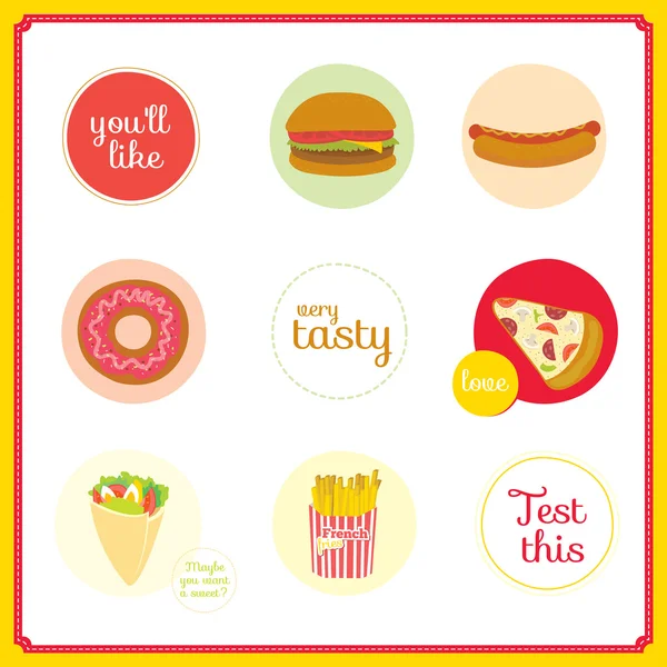 Set di elementi di design carino con icone fast food in cerchio — Vettoriale Stock