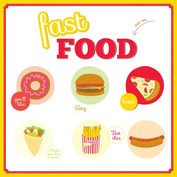 Sevimli tasarım öğeleri ile fast food kutsal kişilerin resmi çevrelerde ayarla — Stok Vektör