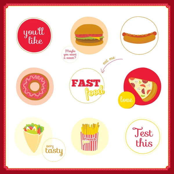 Sevimli tasarım öğeleri ile fast food kutsal kişilerin resmi çevrelerde ayarla — Stok Vektör