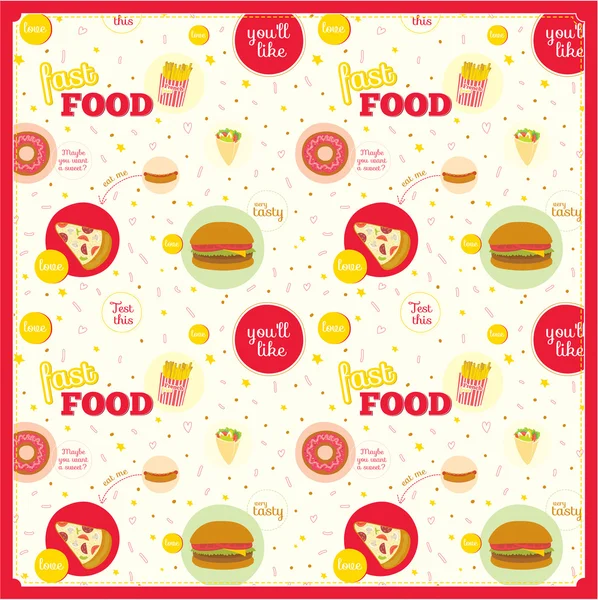 Patrón de comida con iconos de comida rápida en círculos — Vector de stock