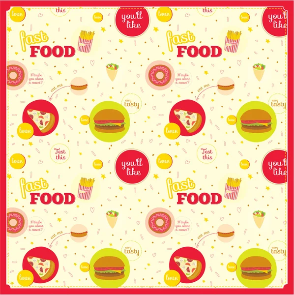 Food-Muster mit Fast-Food-Ikonen im Kreis — Stockvektor