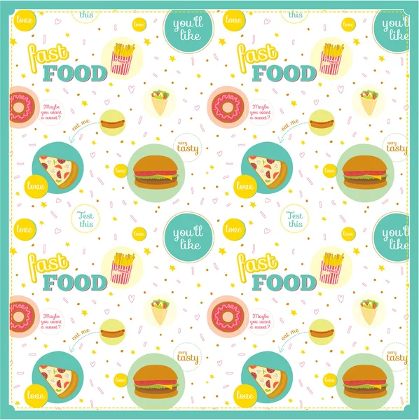 Food pattern with fast food icons in circles — Stock Vector