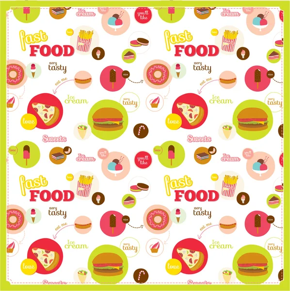 Food pattern with fast food icons in circles — Stock Vector