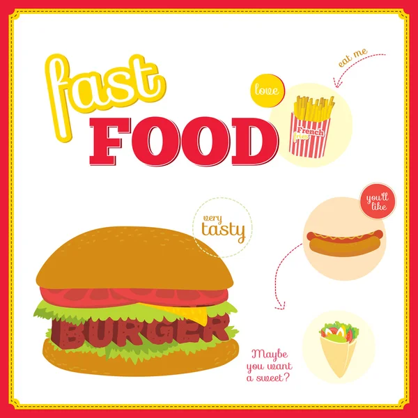 Set di elementi di design carino con icone fast food in cerchio — Vettoriale Stock