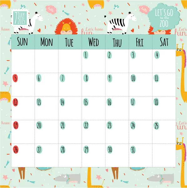 Unusual calendar for 2015 with cartoon and funny animals and kids with place text. — Stock Vector