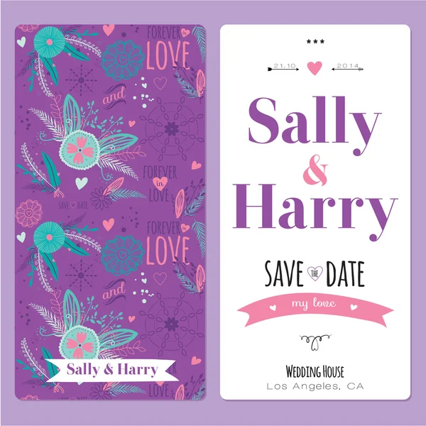 Fleurs romantiques Vintage Save the Date invitation en couleurs vives — Image vectorielle