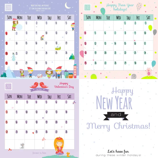 Незвичайний календар на 2015 рік з мультяшними і смішними тваринами і дітьми з місцевим текстом — стоковий вектор