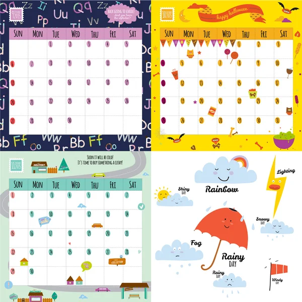 Calendario inusual para 2015 con dibujos animados y animales divertidos y niños con texto de lugar — Archivo Imágenes Vectoriales