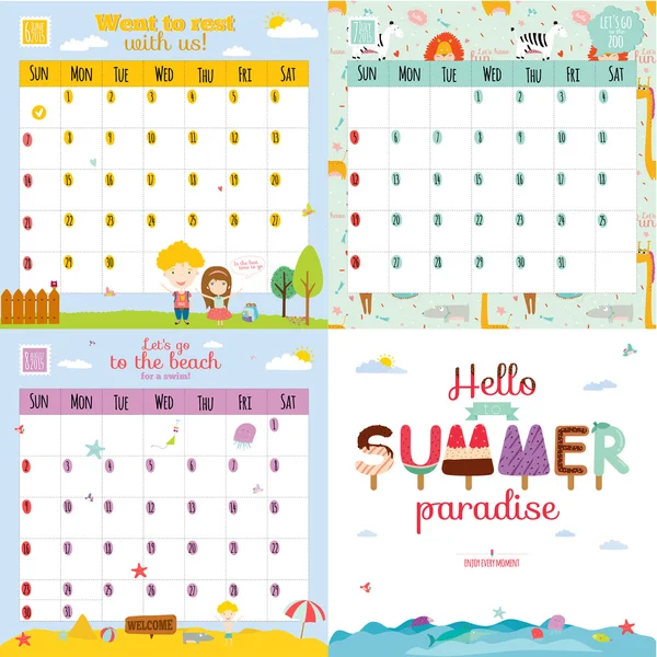 Ongebruikelijke kalender voor 2015 met cartoon en grappige dieren en kinderen met tekst — Stockvector