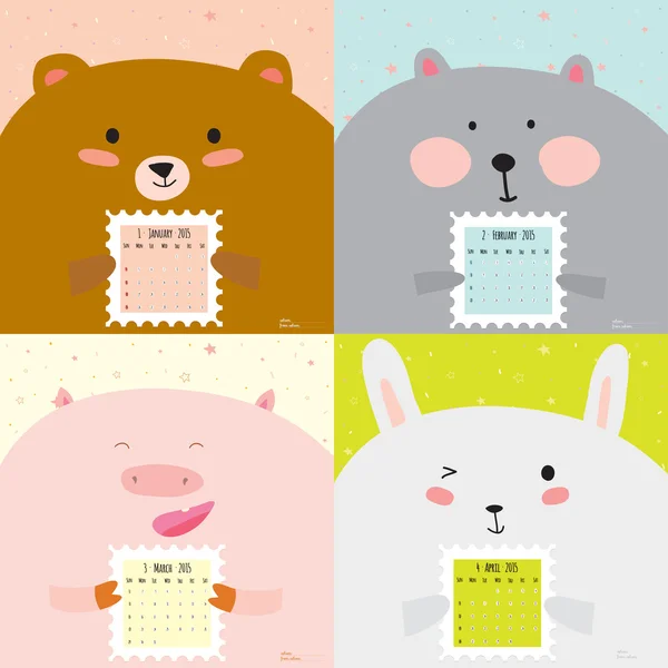 Calendario inusual para 2015 con dibujos animados y animales divertidos — Vector de stock