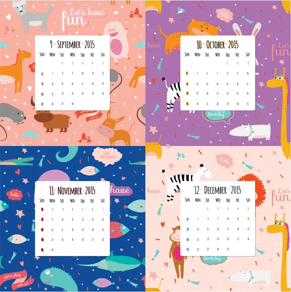 Calendario inusual para 2015 con dibujos animados y patrón de animales divertidos — Vector de stock