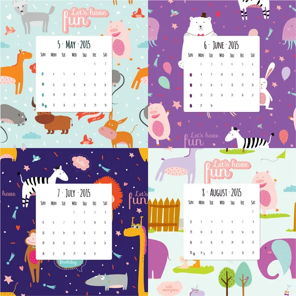 Unusual calendar for 2015 with cartoon and funny animals pattern — Stock Vector