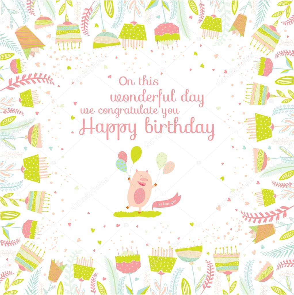 Cute illustration with happy piglet