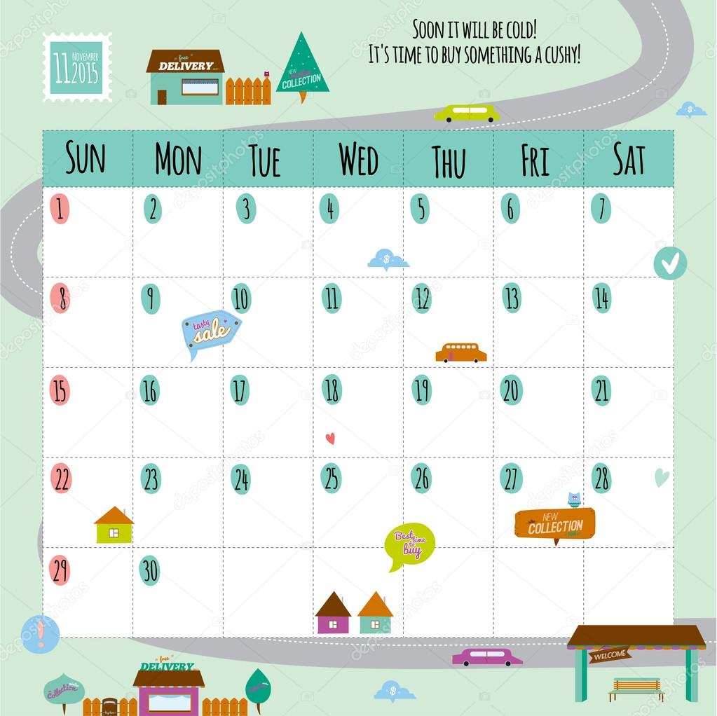 Unusual calendar for 2015 with cartoon and funny animals and kids with place text.