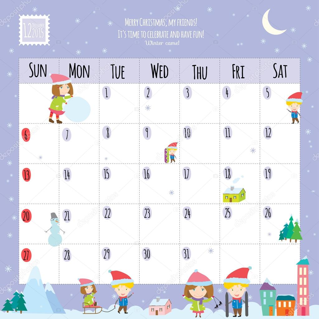 Unusual calendar for 2015 with cartoon and funny animals and kids with place text.