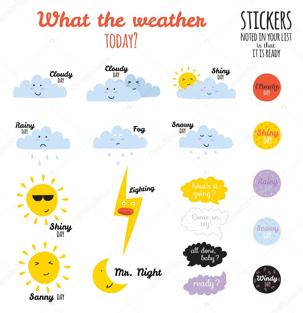 Unusual seamless childish pattern with cartoon and funny smiley weather icon