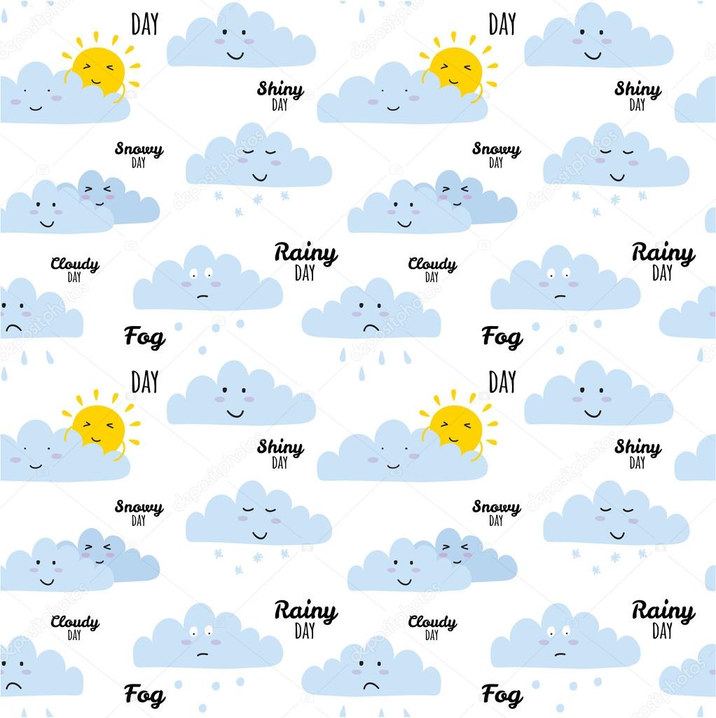Unusual seamless childish pattern with cartoon and funny smiley weather icon