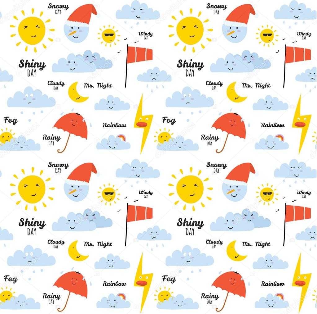 Unusual seamless childish pattern with cartoon and funny smiley weather icon