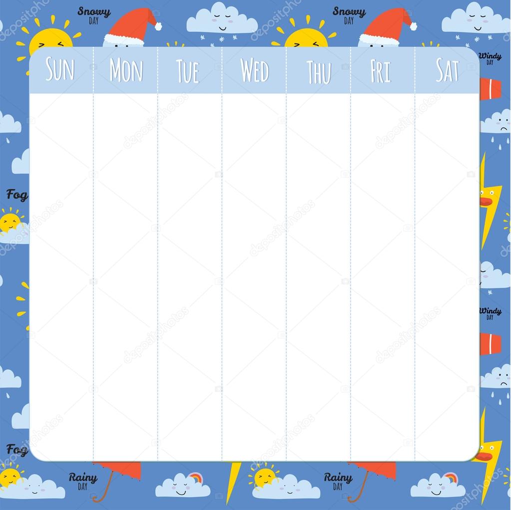 Unusual seamless vector childish pattern with cartoon and funny smiley weather icons