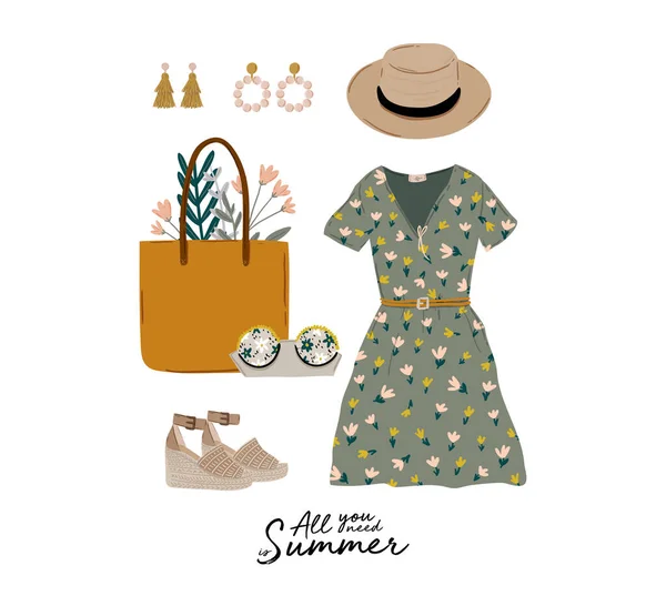 Sommermode Outfit Set Trendige Frauenkleidung Unterwäsche Badeanzug Hut Tasche Schuhe — Stockvektor