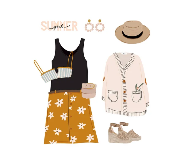 Sommermode Outfit Set Trendige Frauenkleidung Unterwäsche Badeanzug Hut Tasche Schuhe — Stockvektor
