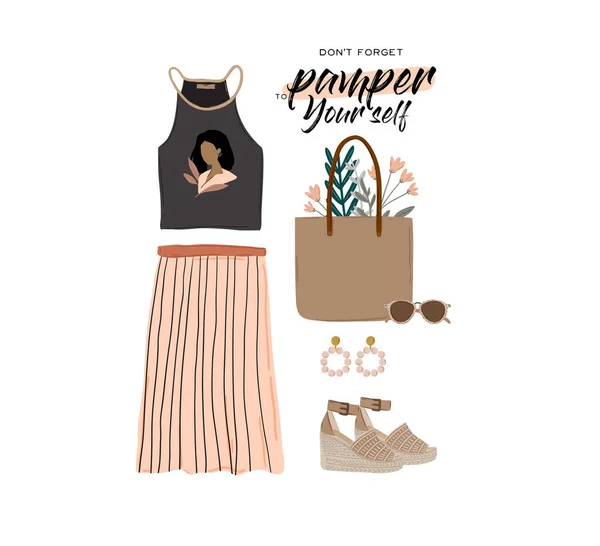 Sommermode Outfit Set Trendige Frauenkleidung Unterwäsche Badeanzug Hut Tasche Schuhe — Stockvektor