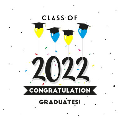 Balonlar, Kaptan ve Konfeti ile 2022 Mezuniyet Şablonu. Mezuniyet etkinliği için şablon 2022. 2022 sınıfı. Vektör el yazısı harf pankartı.