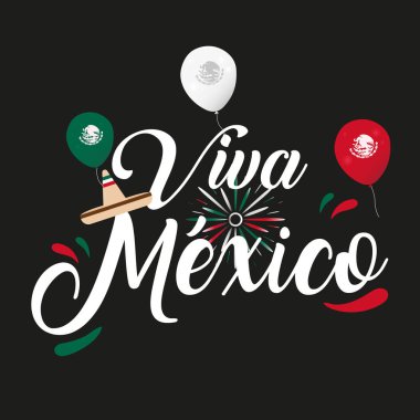 Meksika 'nın bağımsızlığını balonlar, şapkalar ve havai fişeklerle kutlamak için sosyal medya şablonu ya da davetiyesi. Viva Mexico 'yu kutlamak için davet