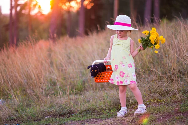 Dívka s košíkem a květiny — Stock fotografie