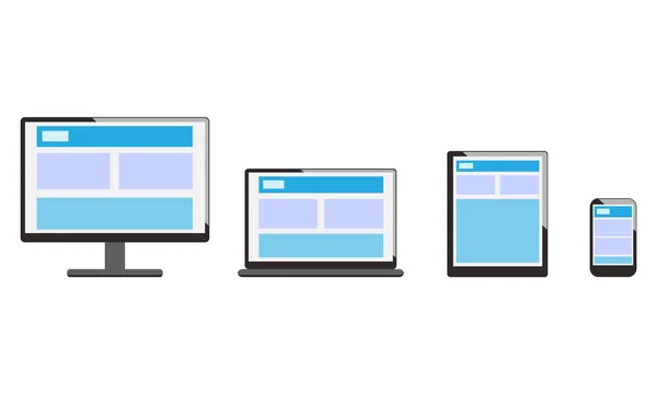 Electronic devices with white, desktop computer, laptop, tablet and mobile phones. Vector Graphics