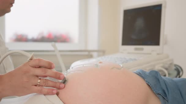 Detailní záběr mužského gynekologa v bílém laboratorním plášti pomocí ultrazvuku pro screening břicha těhotné ženy. Běloška žena na očekávání ležící na gauči během pravidelné kontroly. — Stock video