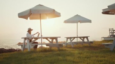 Şapkalı güzel kadın deniz kenarındaki modern dizüstü bilgisayar kullanıyor.