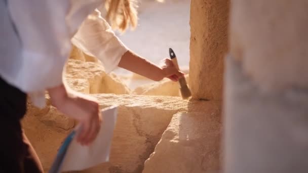 Жінка-археолог використовує пензлик під час розкопок — стокове відео