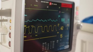 Hastanedeki hastanın hayati belirtilerini izleyin. Hastane tiyatrosunda kalp atış hızı monitörü. Anestezi cerrahi monitörüne bağlı bir hastanede tıbbi hayati göstergeler monitörü. EKG. Sabırlı kalp atışları