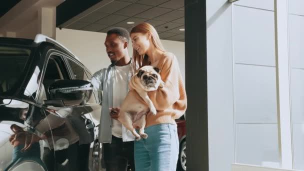 Casal elegante escolhendo novo automóvel enquanto caminhava por carros de luxo na concessionária de automóveis. Casal multi étnico comprando carro novo na concessionária. Belo casal de pé na concessionária escolhendo o carro — Vídeo de Stock