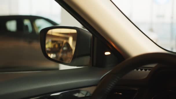 Concetto di sicurezza del conducente. L'icona della spia del sistema di monitoraggio del punto cieco nello specchio di visione laterale di un veicolo moderno. Automotive Dead Zone Monitoring System. Sistema BSM. — Video Stock