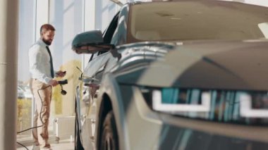 Yakışıklı bir iş adamı elektrikli araba için kablolu yayın tutuyor. Bayilikte beyaz erkek elektrikli otomobilin yanında duruyor. Şarj istasyonunda elektrikli araba şarj ediliyor. Yeni arabasını şarj etme işlemi
