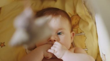 Beşiğinde yatan tatlı bir bebek. Sevimli Yeni Doğan Bebek Yalan Söylerken Güzel Yakın çekim. Heyecanlı bir yenidoğan çocuğun Dönen Oyuncaklara Bakışlı Portresi. Çocukluk kavramı, ebeveynlik.