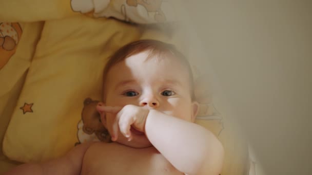 Nice Little Baby Smiling Cheerfully Sides Crib Portrait Playful Energetic — Vídeos de Stock