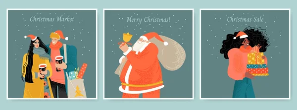 Juego Cartas Para Mercado Navideño Con Santa Claus Una Chica — Vector de stock