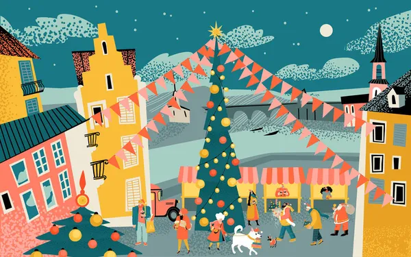 広場にクリスマスマーケットがある冬の街並み クリスマスツリー 屋台や贈り物やマルチワインを持つ人々 漫画風のベクトルイラスト — ストックベクタ