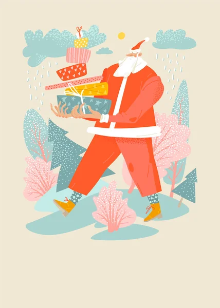 Santa Claus Gigante Camina Con Regalos Través Del Bosque Invierno — Vector de stock