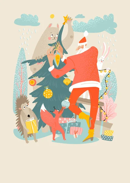 Ilustración Navideña Con Papá Noel Animales Del Bosque Decorando Árbol — Archivo Imágenes Vectoriales