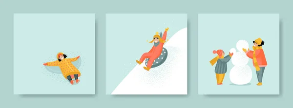 Conjunto Ilustraciones Vectoriales Con Actividades Infantiles Invierno Chica Nieve Representa — Vector de stock