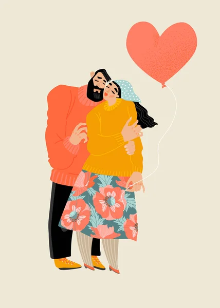 Vector Illustration Valentine Day Man Woman Love Balloon Funny Couple — Stock Vector