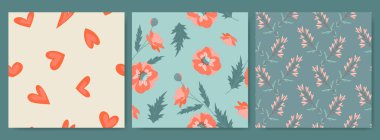 Kalpleri ve kır çiçekleri olan kusursuz sevgililer günü desenleri. Eski doku