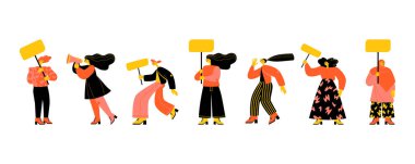 Set of vector illustrations of women protesting with banners and megaphone. Stylized images for international women's day isolated on white background