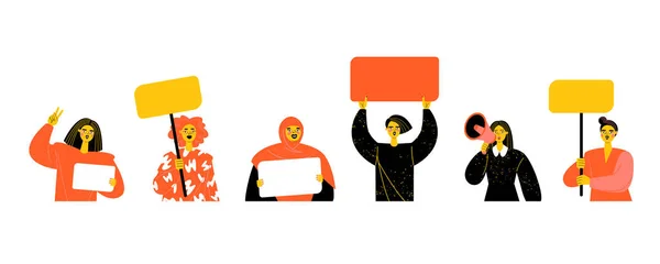 Collection Vector Portraits Protesters Women Banners Megaphone Stylized Images International — Stok Vektör