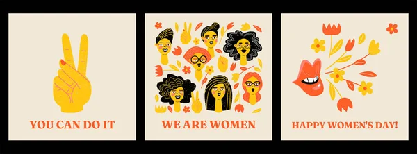 Jeu Cartes Pour Journée Internationale Femme Avec Une Variété Portraits — Image vectorielle
