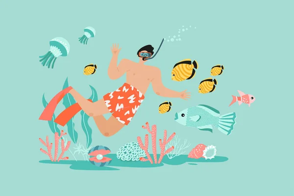 Illustration Vectorielle Avec Plongeur Drôle Poissons Méduses Récif Corallien Image — Image vectorielle